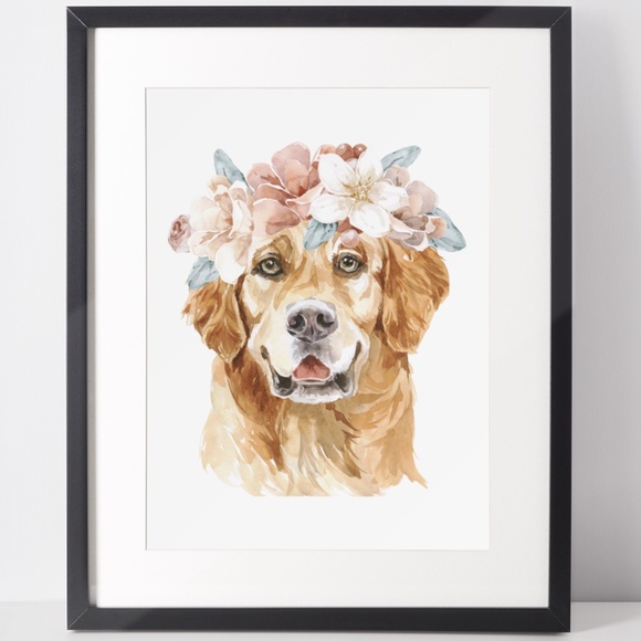 Other - Watercolor Retriever Pet Dog With Flowers Wall Art Illustration Print Unframed